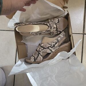 Clarks Snake-Print Slingback Wedge Sandals in Beige and Black